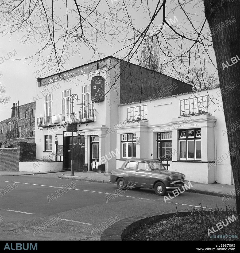 Jack Straw's Castle, North End Way, Hampstead, London, 1962. The exterior of the street frontage from the right, with a car parked outside, the building in perfect condition but seen shortly before rebuilding, after allegedly suffering bombing in the Second World War.