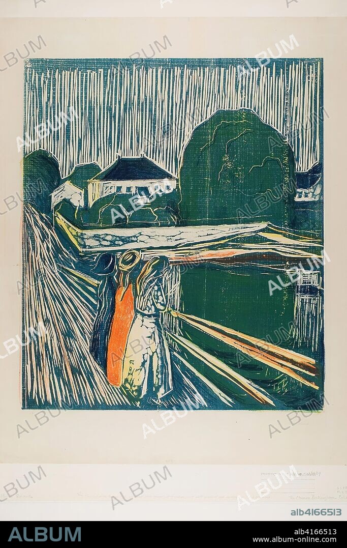 The Girls on the Bridge. Edvard Munch; Norwegian, 1863-1944. Date: 1918. Dimensions: 500 x 430 mm (image); 630 x 528 mm (sheet). Woodcut in blue and lithograph (from multiple stones) in yellow, green, orange and blue on white wove paper. Origin: Norway.