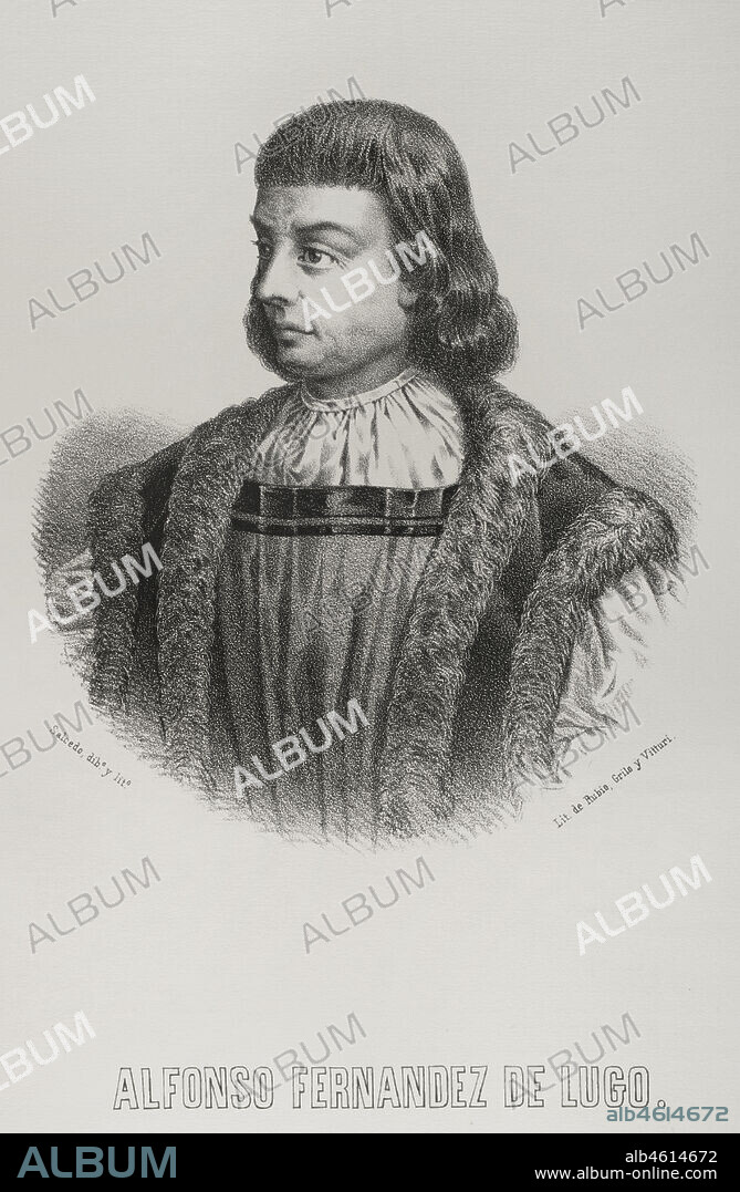 ISIDORO SALCEDO. SPANISH PAINTER, LITHOGRAPHER AND CARTOONIST,19TH CENTURY.. Alonso Fernández de Lugo (?-1525). Hidalgo castellano. Conquistador de las islas de La Palma y Tenerife. Primer adelantado de las Islas Canarias y gobernador vitalicio de Tenerife y La Palma. Retrato. Dibujo por Salcedo. Litografía. Crónica General de España, Historia Ilustrada y Descriptiva de sus Provincias. Canarias, 1871.