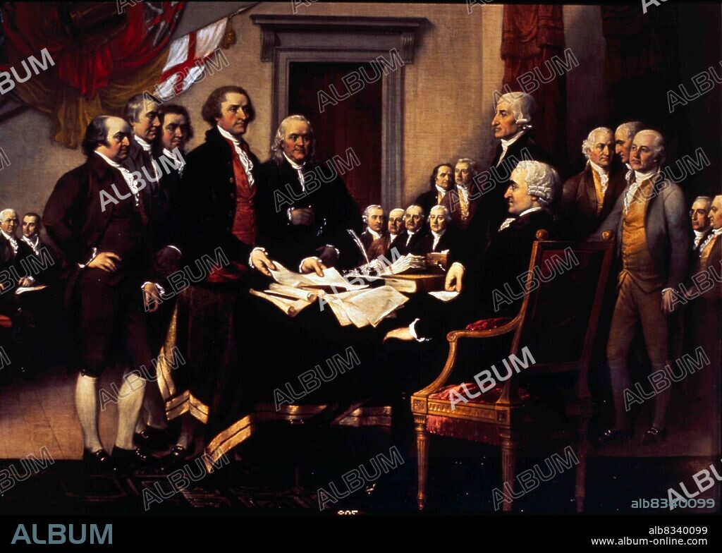 Declaration of Independence is a 12-by-18-foot (3.7 by 5.5 m) oil-on-canvas painting by the American artist John Trumbull depicting the presentation of the draft of the Declaration of Independence to Congress. The oil-on-canvas work was commissioned in 1817, purchased in 1819, and placed in the United States Capitol rotunda in 1826.