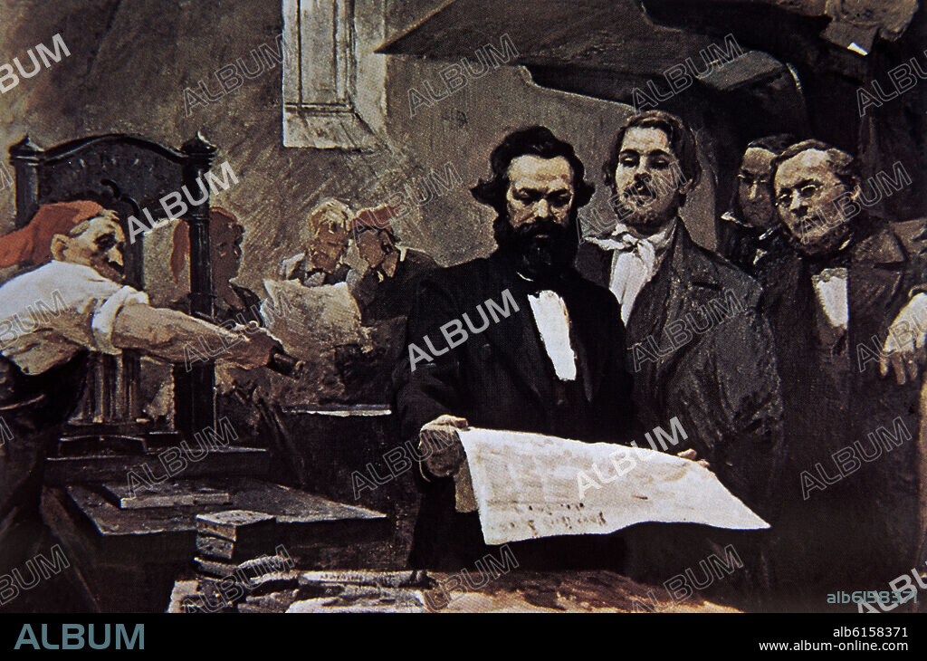 CHAPIRO E. MARX Y ENGELS MIRANDO PRUEBAS DE IMPRENTA EN LA REDACCION DE LA NUEVA GACETA RENANA - 1961.
