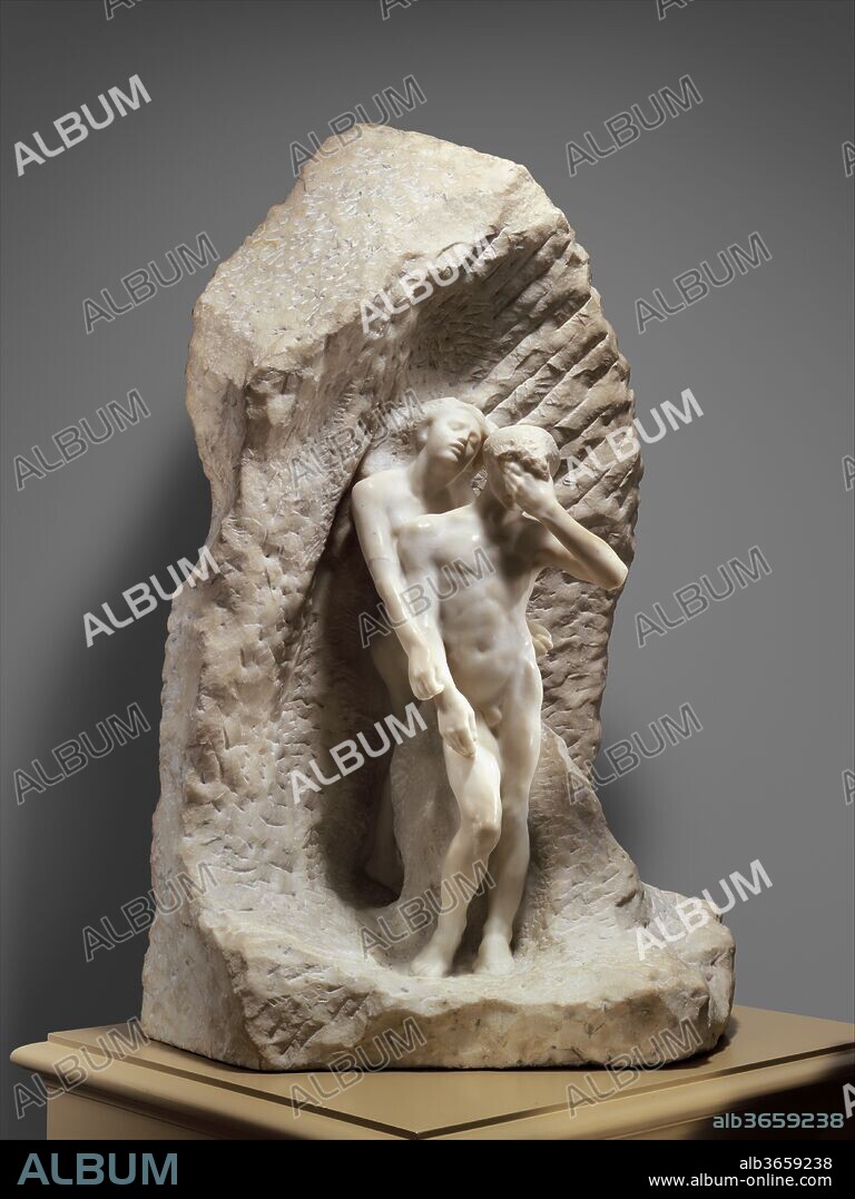 Orpheus and Eurydice. Artist: Auguste Rodin (French, Paris 1840-1917 Meudon). Culture: French, Paris. Dimensions: Overall (confirmed): 48 3/4 × 31 1/8 × 25 3/8 in., 856 lb. (123.8 × 79.1 × 64.5 cm, 388.3 kg). Date: modeled ca. 1887, carved 1893.
The mythical poet Orpheus braved the underworld to rescue his dead wife, Eurydice. The gods allowed her ghost to follow him and regain life, provided that Orpheus did not look at her until both had reached the sunlit earth. Rodin depicts Eurydice's spirit floating in the underworld's dark entrance while Orpheus hesitates at the threshold. Because he cannot feel her phantom embrace, or hear her spectral voice, Orpheus turns to see if his beloved has come. An instant later he will glimpse her, and Eurydice will vanish. 	This exquisitely carved sculpture, one of the first Rodin works to come to America, is the only marble example of the composition.