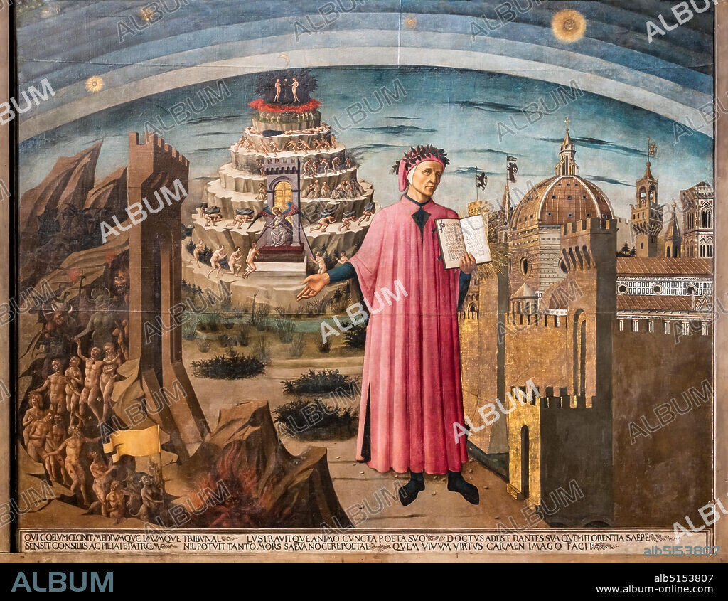 The Divine Comedy illuminates Florence, also known as Dante Alighieri's Divine Comedy. Fresco by Domenico di Michelino (1465), designed by Alessio Baldovinetti, Florence, Cathedral of Santa Maria del Fiore (Duomo).. Right: view of Florence, as an allegory of Paradise; it is one of the first views with the dome of the cathedral completed. In the center Dante holding the book with the opening words of the Divine Comedy. Left: the Purgatory hill and the Hell.