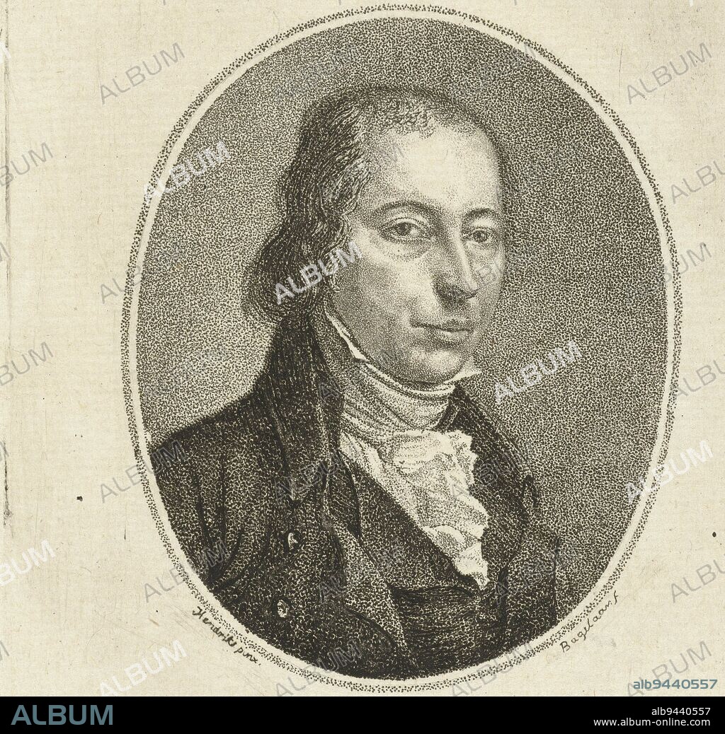 Portrait bust of Hermanus van Brussel, in oval to the right, Portrait of Hermanus van Brussel, print maker: Ernst Willem Jan Bagelaar, (mentioned on object), after: Wybrand Hendriks, (mentioned on object), Netherlands, 1798 - 1815, paper, etching, h 115 mm × w 80 mm.