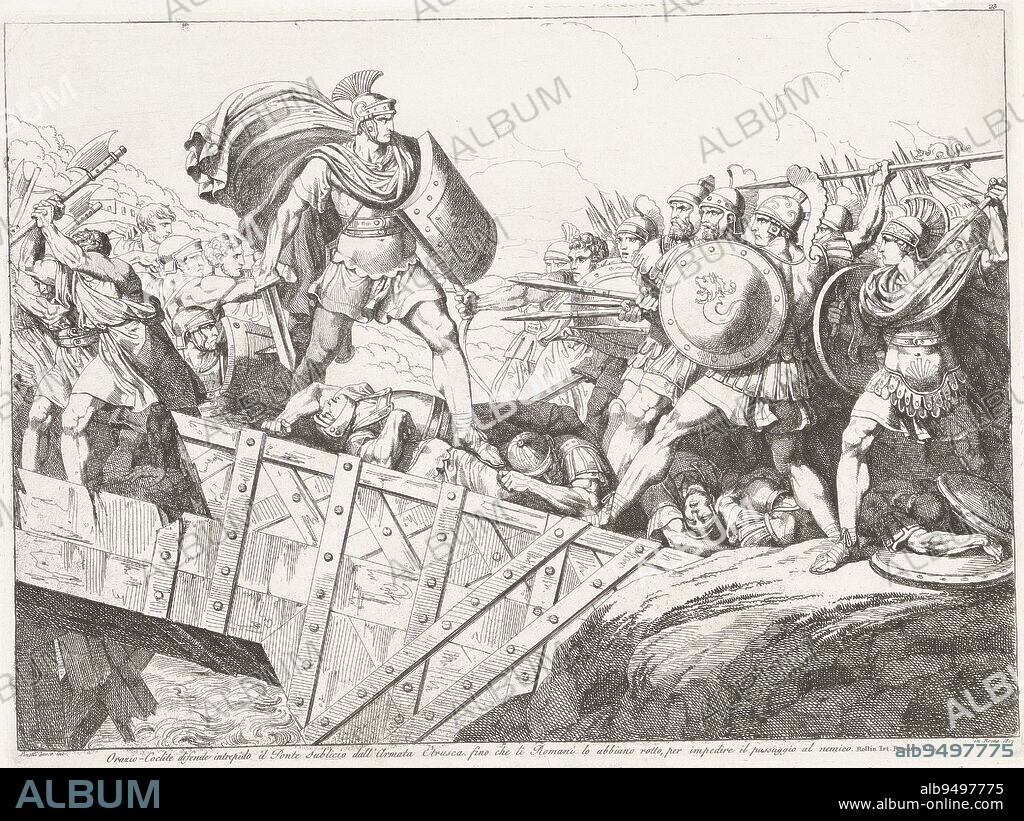 Horatius Cocles defends the Pons Sublicius, Bartolomeo Pinelli, 1817, Horatius Cocles defends the Pons Sublicius, a bridge over the Tiber in Rome, against the Etruscans. Behind Horatius is his army., print maker: Bartolomeo Pinelli, (mentioned on object), Bartolomeo Pinelli, (mentioned on object), Rome, 1817, paper, etching, h 316 mm × w 425 mm.