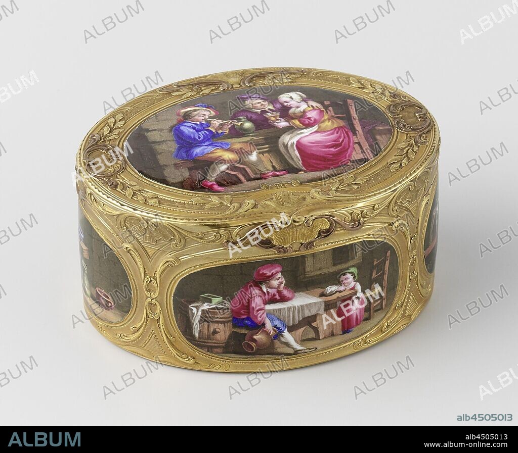 Snuff box of gold, oval, with six scenes in enamel, Oval golden snuff box, glass or wine, farmers, flute, aulos, tibia, jar, jug (used as drinking vessel), Jean Ducrollay, Paris, c. 1758 - c. 1760, gold (metal), h 3.6 cm × w 7.1 cm × d 5.6 cm × w 133.87 gr.