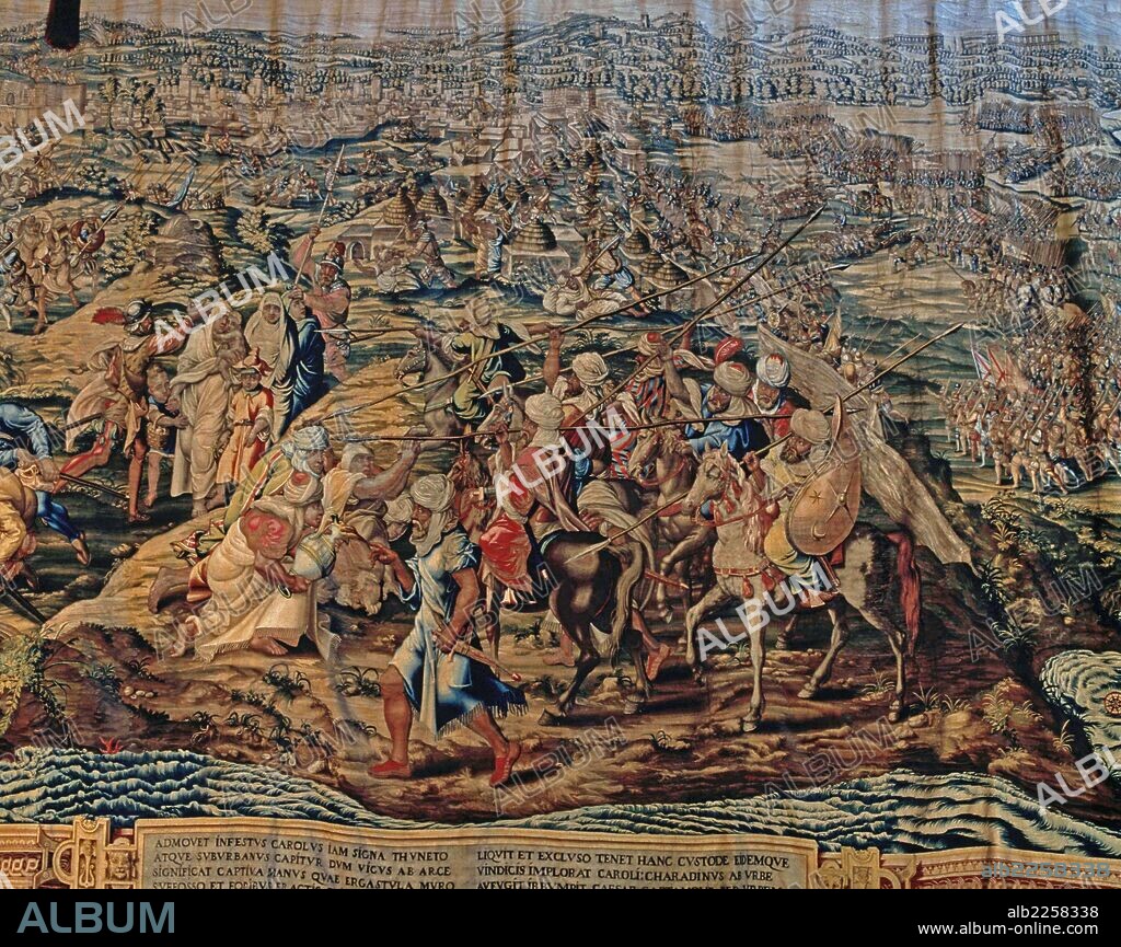 CARLOS I (V DE ALEMANIA) REY DE ESPAÑA. 1500-1585 TAPIZ DE LA SERIE " TOMA DE TUNEZ " 1535 ,SIGLO XVI ALCAZAR DE SEVILLA.