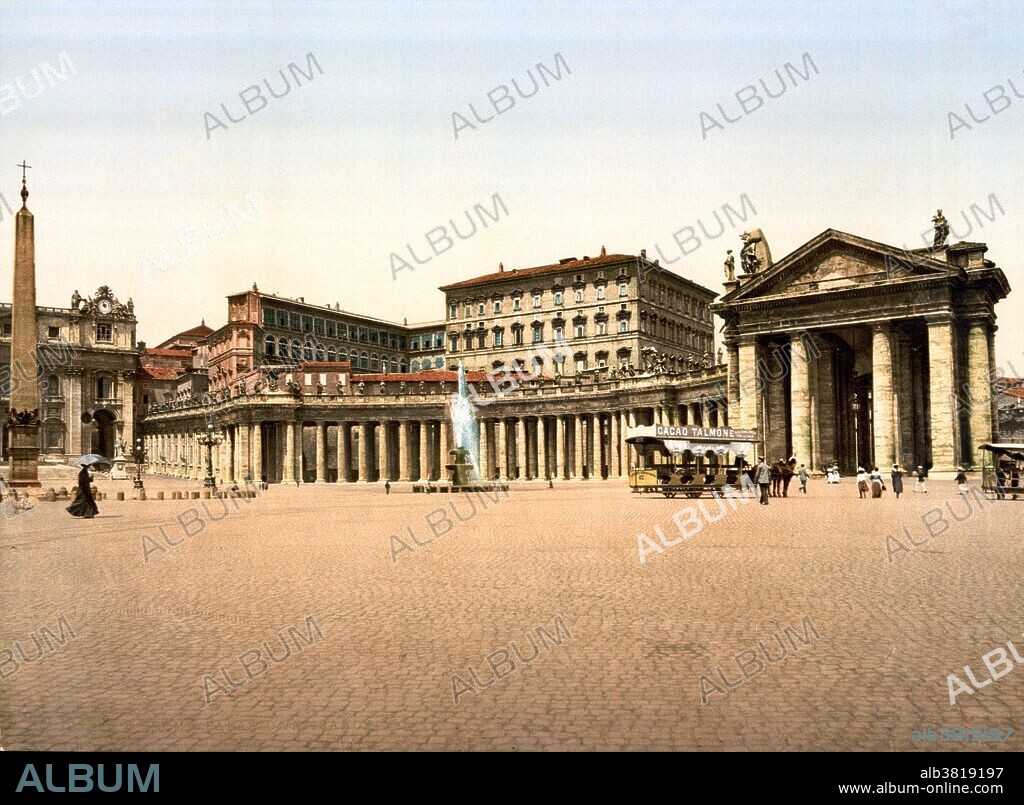 St. Peter's Square is a massive plaza located directly in front of St. Peter's Basilica in the Vatican City, the papal enclave surrounded by Rome. At the center of the square is an Egyptian obelisk, erected at the current site in 1586. The open space which lies before the basilica was redesigned by Gian Lorenzo Bernini from 1656 to 1667, under the direction of Pope Alexander VII. Bernini gave order to the space with his renowned colonnades, using the Tuscan form of Doric, the simplest order in the classical vocabulary, but employed it on an unprecedented colossal scale to suit the space and evoke a sense of awe. A granite fountain constructed by Bernini in 1675 matches another fountain designed by Carlo Maderno in 1613. Detroit Publishing Company circa 1890-1900.
