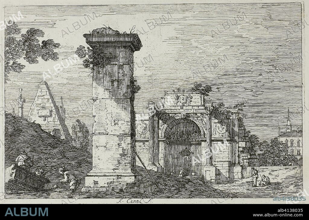 Landscape with Ruined Monuments, from Vedute. Canaletto; Italian, 1697-1768. Date: 1735-1744. Dimensions: 141 x 215 mm (image); 147 x 219 mm (plate); 431 x 587 mm (sheet). Etching in black on ivory laid paper. Origin: Italy.