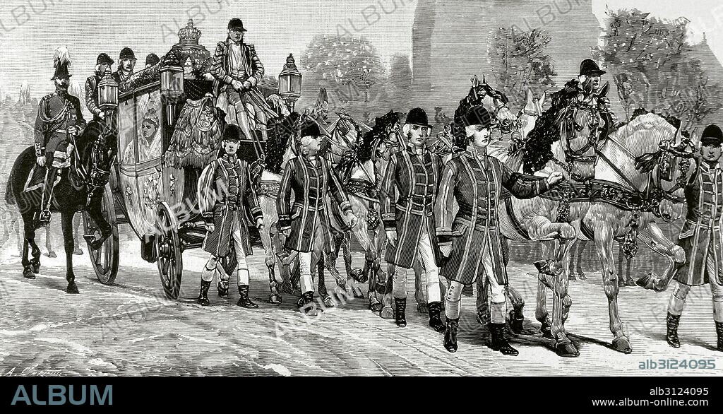 Queen Victoria (1819-1901). Queen of the United Kingdom of Great Britain and Ireland and Empress of India. London: Official opening of the British Parliament. The Queen in the ceremonial carriage parading through the city streets. Engraving by Arturo Carretero (1852-1903). The Spanish and American Illustration, 1886.