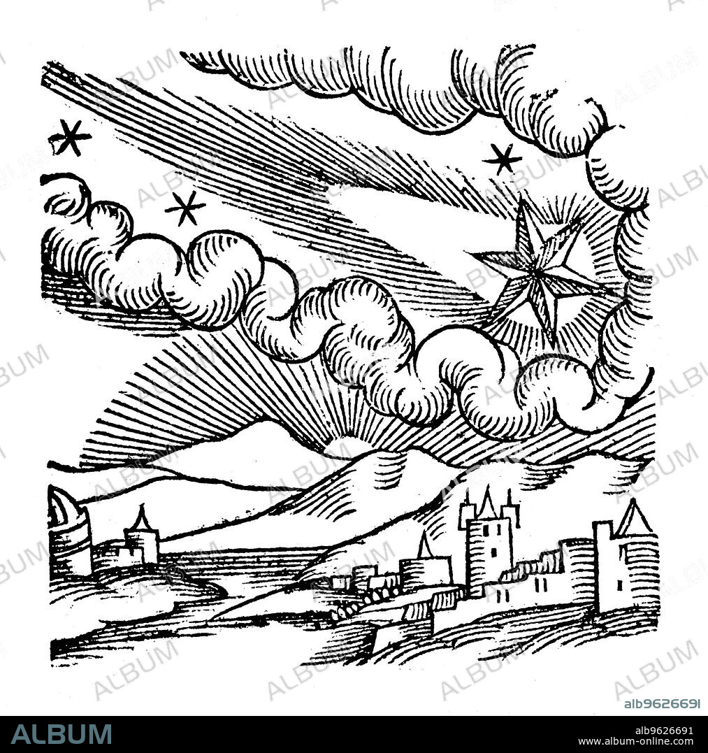 Comet of 1456 (Halley), 1557. The English astronomer, Edmond Halley (1656-1742) was the first to suggest that appearances of bright comets every 76 years were in fact sightings of the same comet. Halley predicted it would return in 1758. The comet duly reappeared as he had said it would, albeit long after his death, and is named in his honour. At this appearance in 1456 the comet was excommunicated by Pope Calixtus III. From Prodigioum ac ostentorum chronicon by Conrad Lycosthenes. (Basel, 1557).