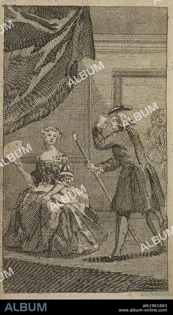 Man lifting his hat to a woman. A story of one woman's life. Catharine Vizzani, a famous lesbian woman of the 18th century in Italy. . The True History and Adventures of Catharine Vizzan. BIANCHI, Giovanni Paolo Simone. W. Reeve; C. Sympson: London, 1755. The True History and Adventures of Catharine Vizzani. Source: 1490.c.68 frontispiece.