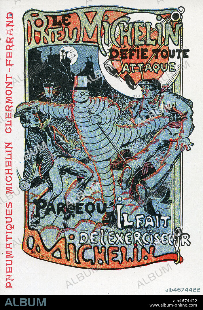 'Le pneu MICHELIN defie toute attaque parce qu'il fait de l'exerciseur Michelin' : le bibendum se bagarre contre des apaches. Carte postale publicitaire vers 1902. Illustration anonyme. Credit : Collection IM/KHARBINE-TAPABOR.