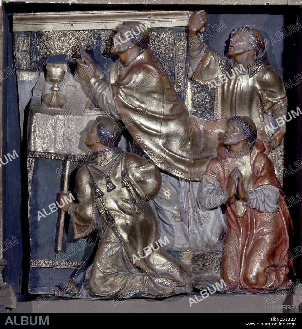 ALONSO BERRUGUETE (1488-1561). DET-PANEL-MISA DE SAN GREGORIO-ALTORRELIEVE DEL RETABLO DE SAN BENITO-MANIERISMO ESPAÑOL.