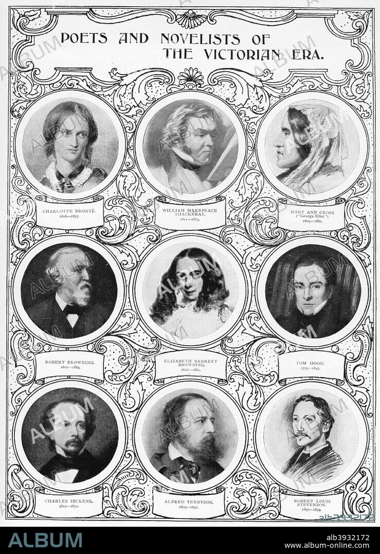 'Poets and Novelists of the Victorian Era', late 19th century. Charlotte Bronte; William Makepeace Thackeray; George Eliot; Robert Browning; Elizabeth Barrett Browning; Tom Hood; Charles Dickens; Alfred Lord Tennyson; Robert Louis Stevenson.