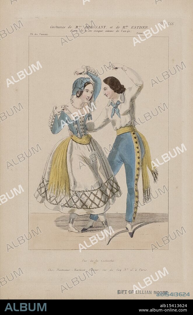 Costumes of Mme Bressant, and of Miss Esther, in Je m'en mock comme de l'an 40. Revue., 1830 - 1840, Costumes of Mme Bressant, and of Miss Esther, in Je m'en mock comme de l'an an 40. Revue., Additional title: Cachucha., Date Issued:1830 - 1840, (Inferred), Place: Paris, Publisher: Hautecoeur-Martinet, Mlle, Cachucha (Choreographic work: Elssler), Ballet, 19th century, Costume designs, Etching, hand-colored, Extent: 20 x 12.7 cm., Silken steps unfold, Esther's dress, a dancer's, Parisian charm flows.