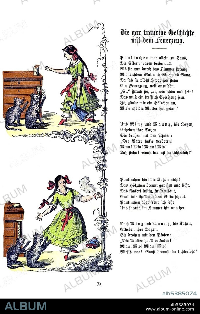 Book illustration, Die gar traurige Geschichte mit dem Feuerzeug, The Dreadful Story of Pauline and the Matches, Der Struwwelpeter, Shaggy Peter, Dr. Heinrich Hoffmann, 1876
