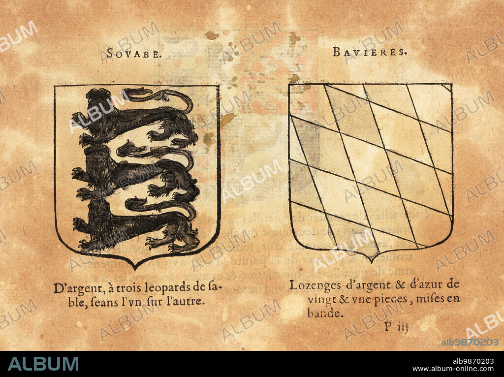 Coat of arms of the Duchy of Swabia, Germany, with three black leopards on silver field, and the Duchy of Bavaria, Germany, with silver and blue lozenges in bends. Larcheduc dAustriche, Saxe, Sovabe, Bavieres. Handcoloured woodblock engraving from Hierosme de Baras Le Blason des Armoiries, Chez Rolet Boutonne, Paris, 1628.