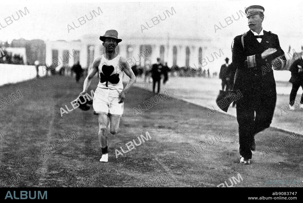 Winning the Marathon with Prince George of Greece, 1906 Olympic Games.