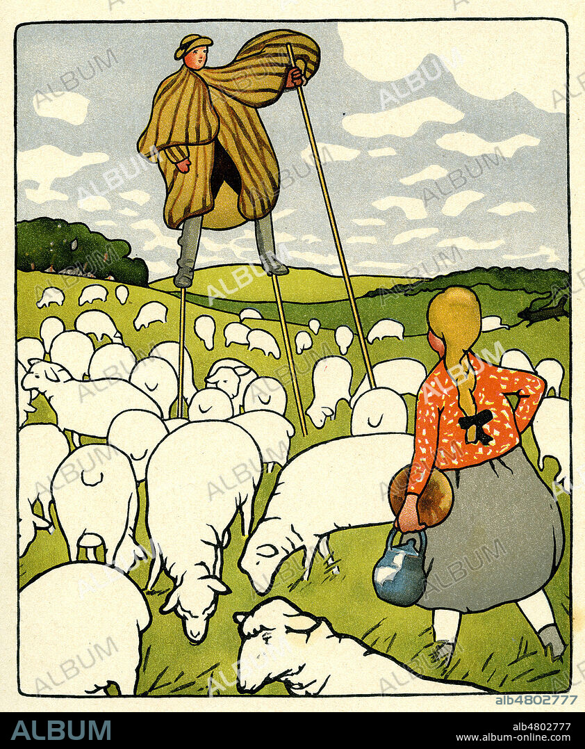 Les moutons, berger landais avec echasses. Illustration de 1906 par BRICARD (19-20 s.) pour Les Betes par Charles MOREAU-VAUTHIER (1857-1924) . Credit : Collection PITT/Kharbine-Tapabor.