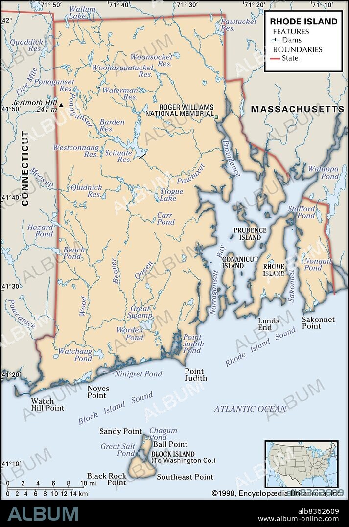 Physical map of Rhode Island.