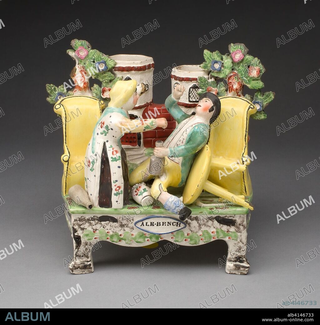 STAFFORDSHIRE POTTERIES. Chimney Ornament: Ale-Bench. England, Staffordshire. Date: 1815-1825. Dimensions: 20.3 x 21.6 x 11.4 cm (8 x 8 1/2 x 4 1/2 in.). Glazed earthenware with polychrome enamel decoration. Origin: Staffordshire.