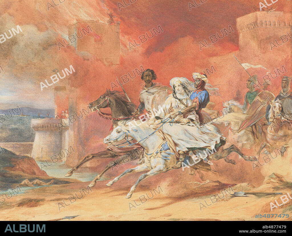 Léon Cogniet, The Abduction of Rebecca by Brian de Bois-Guilbert, ca. 1828, watercolor and graphite on white wove paper, 9 1/8 in. x 11 15/16 in. (23.2 cm. x 30.3 cm.), The dramatic subject of this work, from Sir Walter Scott's novel 'Ivanhoe' (1820), is a scene in which the Norman Templar Brian de Bois-Guilbert, together with his Saracen slave and the Jewish heroine Rebecca, escapes from the burning Torquilstone Castle. In this adventure-filled romance, Bois-Guilbert abducts Rebecca, who in this representation gazes heavenward as if praying for divine protection--an expression entirely in character for a protagonist with spiritual healing powers. As the trio flees, Ulrica, who had set fire to the castle, dances madly atop a flaming tower. This watercolor is an autograph rendition in smaller scale of Cogniet's painting from 1828, now in the Wallace Collection, London, that was highly successful at the Salon of 1831. It is a key example of French Romanticism, indicative of its fascination with exotic types, embrace of bold colors, and penchant for dramatic action. 'Ivanhoe' is credited with inspiring a revival of interest in the medieval world.