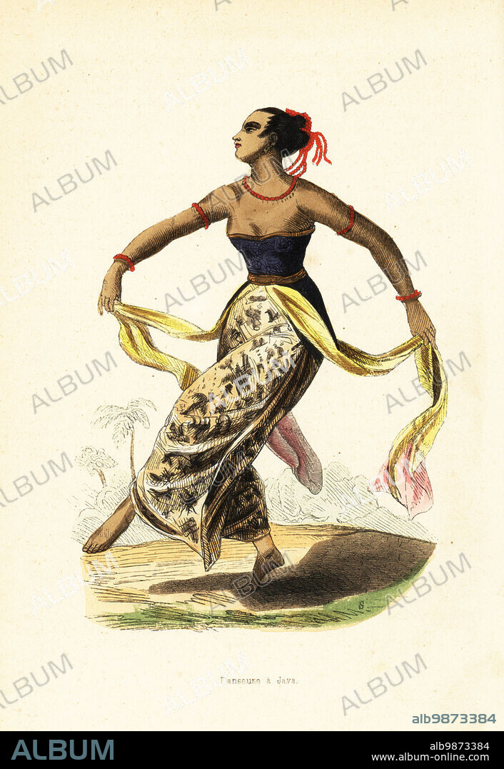 Ronggeng or rongging, dancing girl of Java, Indonesia. She wears a silk tapih (petticoat), pemakak (corset) and sembong (sash). Adapted from a painting by William Daniell in Sir Thomas Raffles History of Java. Handcoloured woodcut by S after William Daniell from Auguste Wahlen's Moeurs, Usages et Costumes de tous les Peuples du Monde, (Manners, Customs and Costumes of all the People of the World) Librairie Historique-Artistique, Brussels, 1845. Wahlen was the pseudonym of Jean-Francois-Nicolas Loumyer (1801-1875), a writer and archivist with the Heraldic Department of Belgium.