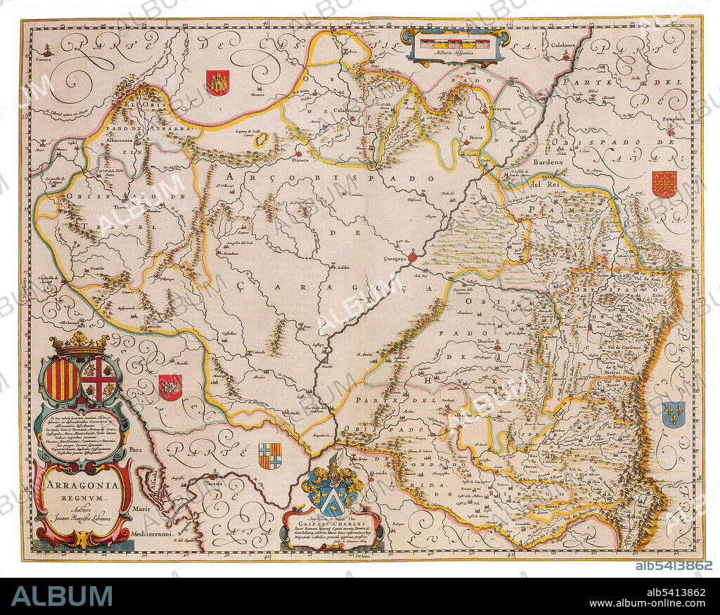 Aragon is an autonomous community in Spain, coextensive with the medieval Kingdom of Aragon. Located in northeastern Spain, the Aragonese autonomous community comprises three provinces (from north to south): Huesca, Zaragoza, and Teruel. Its capital is Zaragoza (Saragossa in English). Joan Blaeu (1596-1673) was a Dutch cartographer, the son of cartographer Willem Blaeu. In 1635 they published the Atlas Novus (full title: Theatrum orbis terrarum, sive, Atlas novus) in two volumes. The Atlas Maior is the final version of Joan Blaeu's atlas, published in Amsterdam between 1662 and 1672, in Latin, French, Dutch, German and Spanish, containing 594 maps and around 3,000 pages of text. The Blaeu maps emphasized fine art and colours, being the most expensive of the time. The Atlas Maior is widely considered a masterpiece of the Golden Age of Dutch/Netherlandish cartography.