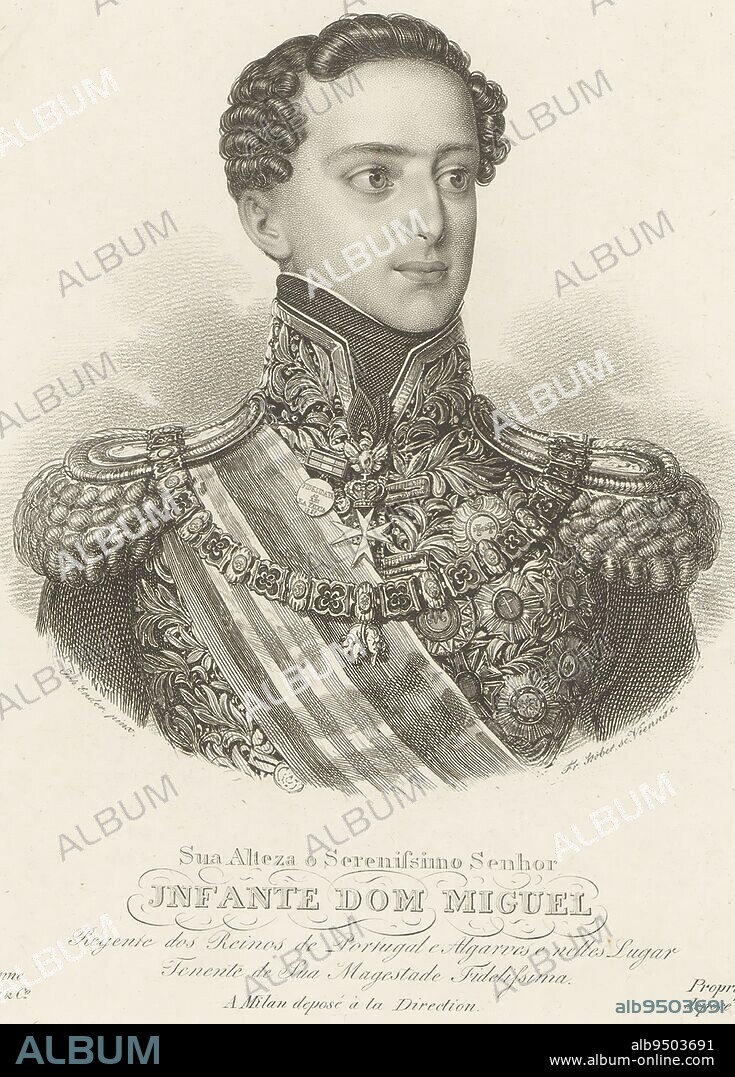 Portrait of Don Miguel, King of Portugal, print maker: Franz Xaver Stöber, (mentioned on object), after: Johann Nepomuk Ender, (mentioned on object), publisher: Artaria & Co., (mentioned on object), Vienna, 1823 - 1828, paper, steel engraving, h 247 mm - w 183 mm.