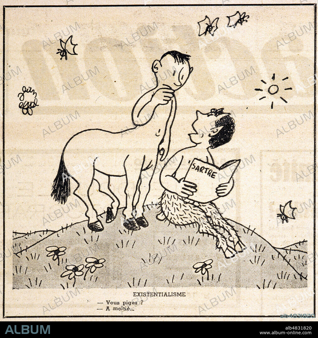FRANÇOIS LEJEUNE. 'Existentialisme - Vous pigez ? - A moitie' declarent un faune et un centaure en lisant du Sartre. Caricature de Jean EFFEL (1908-1982 = ADAGP) tiree de la revue Action du 5 janvier 1945. Credit : Collection KHARBINE-TAPABOR.