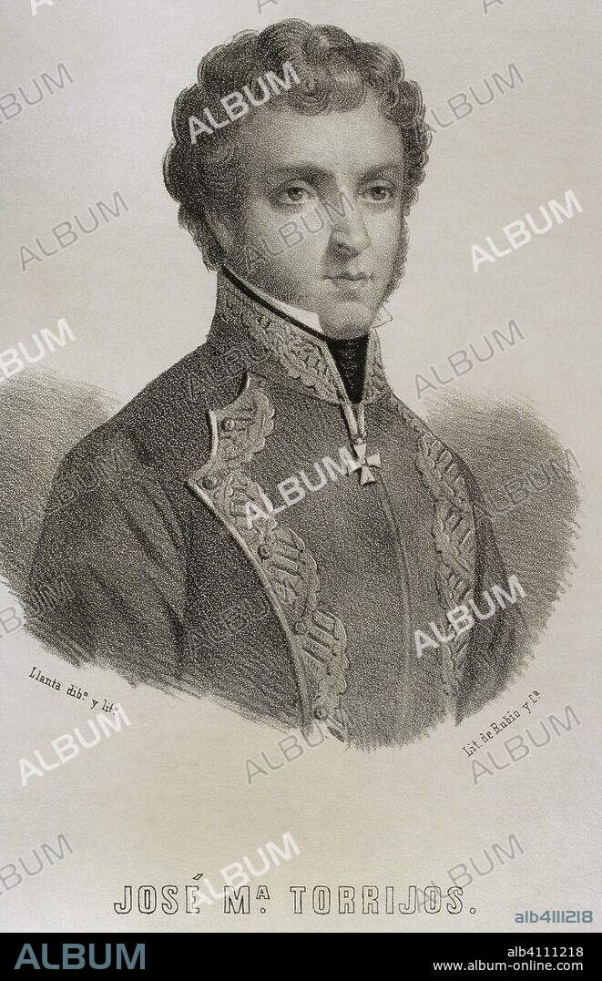 José María Torrijos y Uriarte (1791-1831). Conde de Torrijos o general Torrijos. Militar liberal español. Dibujo por Llanta. Litografía. Crónica General de España, Historia Ilustrada y Descriptiva de sus Provincias. Castilla-La Nueva, 1869. Biblioteca Histórico Militar de Barcelona, Cataluña, España.