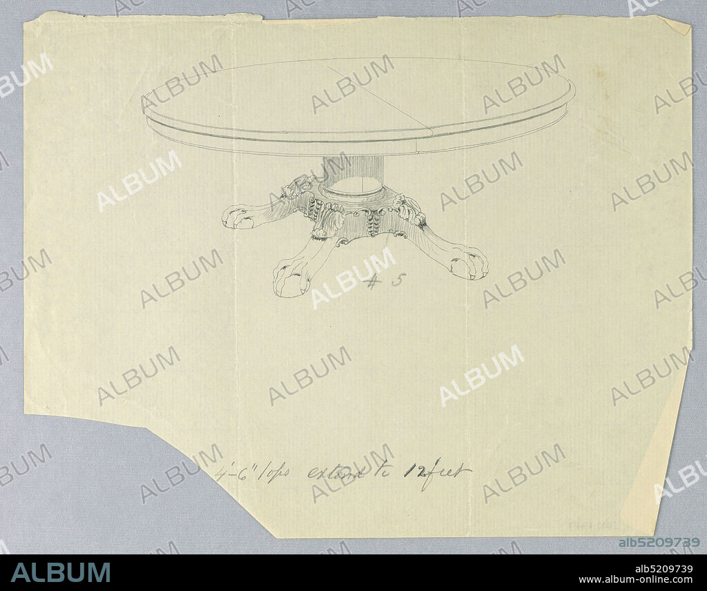 Design for a Round Table with Ball-and-Claw Feet, A.N. Davenport Co., Graphite on thin, cream paper, Round molded table top with a dividing stretcher running across center; is raised on plain column-like support sitting atop an elaborately carved base terminating into four (three shown) molded and carved ball-and-claw feet., 190005, furniture, Drawing, Drawing.