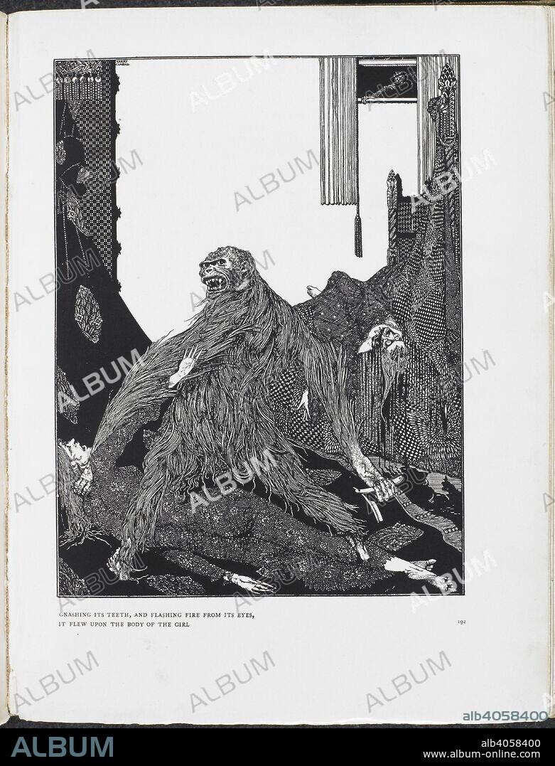 EDGAR ALLAN POE und HARRY CLARKE. Illustration for 'the murders in the Rue Morgue'.  A short story by Edgar Allan Poe published in Graham's Magazine in 1841. It has been recognized as the first detective story. C. Auguste Dupin is the man who solves the murder of two women, which is committed by an orangutan. Tales of Mystery and Imagination ... G. G. Harrap & Co.: London, 1919. Source: 12703.i.43, opposite 192. Language: English.