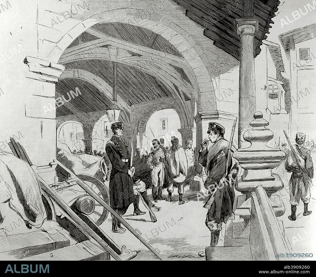 España. Tercera Guerra Carlista (1872-1876). Provincias Vascongadas. Durango (Vizcaya). Depósito de material de artilleria en el pórtico de la Iglesia de Santa María. Grabado. 1876. Restauración Borbónica, reinado de Alfonso XII. La Ilustración Española y Americana, 8 de marzo de 1876. Biblioteca Histórico Militar de Barcelona, Cataluña, España.