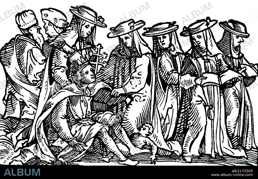 Pope joan giving birth in the streets, a german satirical woodcut, about 1750.