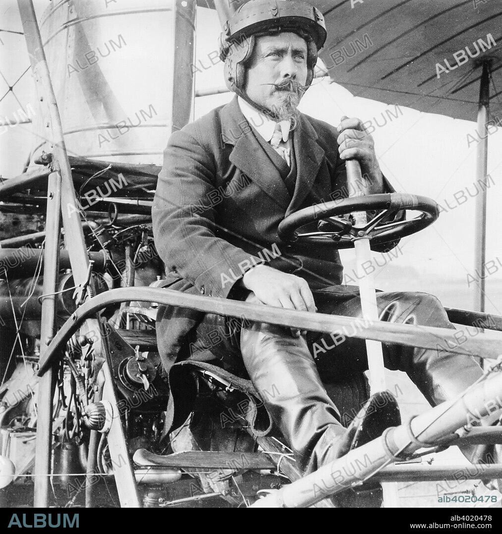 Samuel Franklin Cody, 1912. American-born Cody invented the manlifting kite as a means for military observation. On 16 October 1908 he made the first powered flight in Britain in his British Army Aeroplane No.1, using a 50-hp Antoinette engine. Photograph of Cody at military trials, 1912.