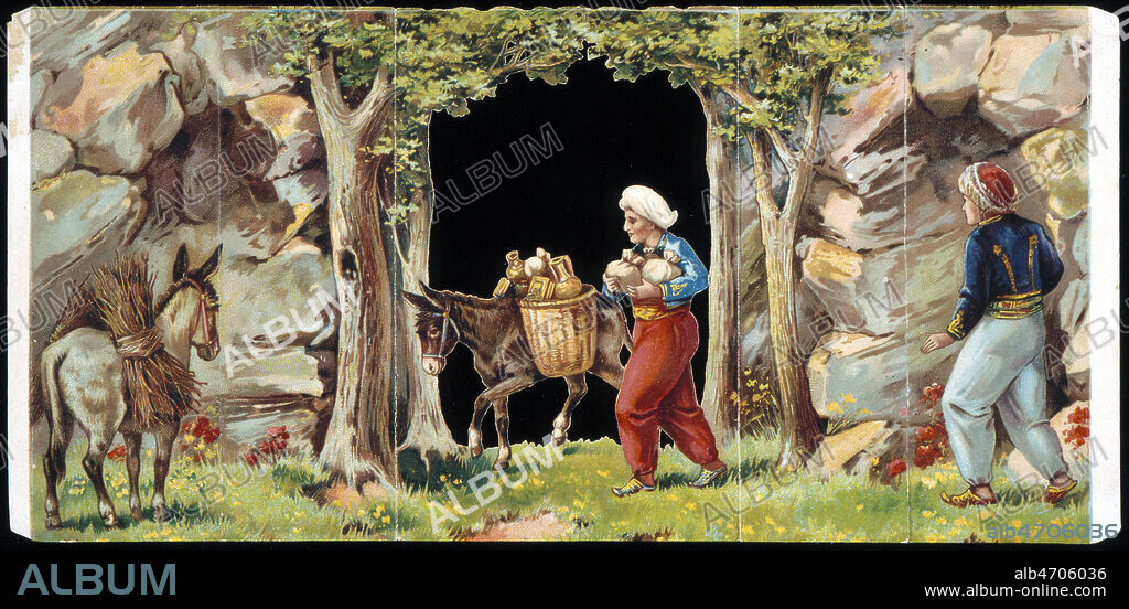 ALI BABA et les 40 Voleurs. Ali baba charge son ane des tresors trouves dans la caverne. Conte des Mille et une Nuits, livre anime, edition anglaise vers 1880. Credit Collection Kharbine tapabor.