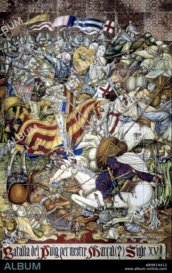 Battle of the Puig' 1237 Ceramic tile panel with Jaime I 'El conquistador'' (1208-1276), King of Aragon and Catalonia.