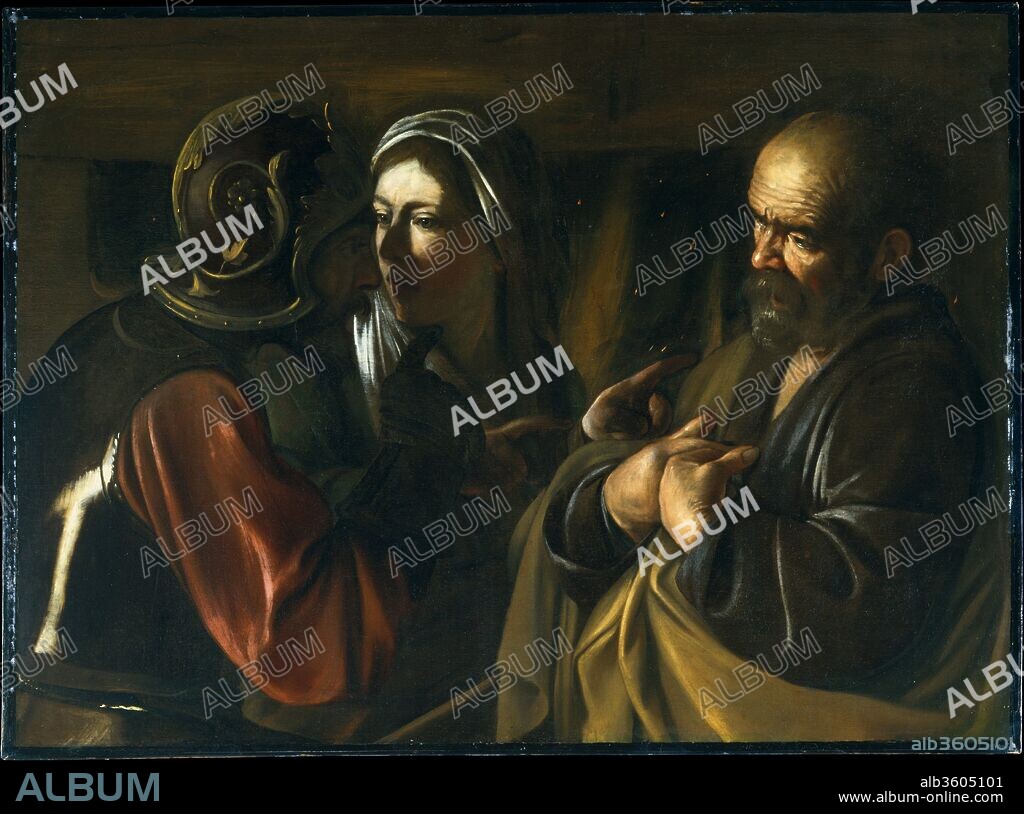 The Denial of Saint Peter. Artist: Caravaggio (Michelangelo Merisi) (Italian, Milan or Caravaggio 1571-1610 Porto Ercole). Dimensions: 37 x 49 3/8 in. (94 x 125.4 cm). Date: 1610.
Caravaggio's late works depend for their dramatic effect on brightly lit areas standing in contrast to a dark background. The picture, a marvel of narrative concision, was painted in the last months of Caravaggio's tempestuous life and marks an extreme stage in his revolutionary style. Standing before a fireplace, Peter is accused of being a follower of Jesus. The pointing finger of the soldier and two fingers of the woman allude to the three accusations and to Peter's three denials. In 1613 the painting belonged to Guido Reni, who received it from the engraver Luca Ciamberlano as compensation for debts.