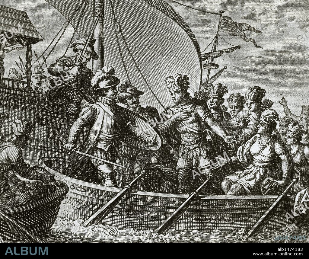 Conquest of Mexico. 16th century. Cuauhtemoc was captured by Garcia Holguin while fleeing in a canoe with her family after the defeat in the Battle of Tenochtitlan. The Truthful History of Conquest of New Spain by Bernal Diaz del Castillo. Engraving, 1807.