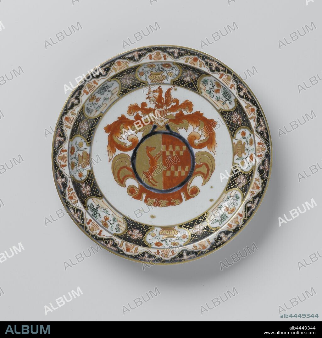 Plate with the arms of Van Buren and two ornamental borders, Porcelain plate, painted in underglaze blue and on the enamel red, green, black and gold. On the flat the family crest of Van Buren with on the left a greyhound against a golden background and on the right two times seven golden rectangles on a red background. The helmet mark is a greyhound with wings surrounded by acanthus leaves. The wall with napkin work with a stylized flower, interrupted by cartouches with a landscape or a flower vase. The border with a band with tassels and a band with leaves on napkin work. Four proen on the bottom. Weapon porcelain in Imari. Arita., anonymous, Arita, c. 1700 - c. 1724, Edo-period (1600-1868), porcelain (material), glaze, cobalt (mineral), gold (metal), vitrification, h 2.8 cm d 21.4 cm d 12.5 cm.