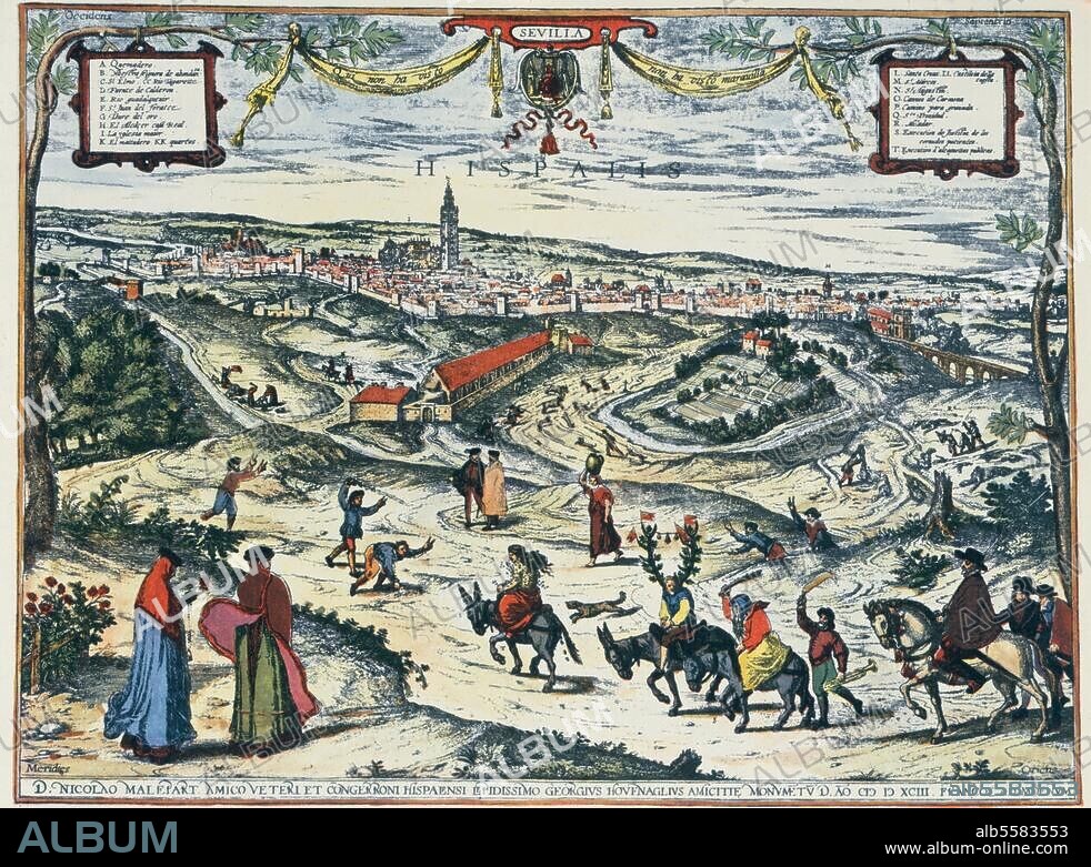 Seville, Spain, - View of the City of Seville. Copper eng., tinted, by Georg Braun and Franz Hogenberg. From Civitates orbis terrarum, Cologne. 1572-1618.