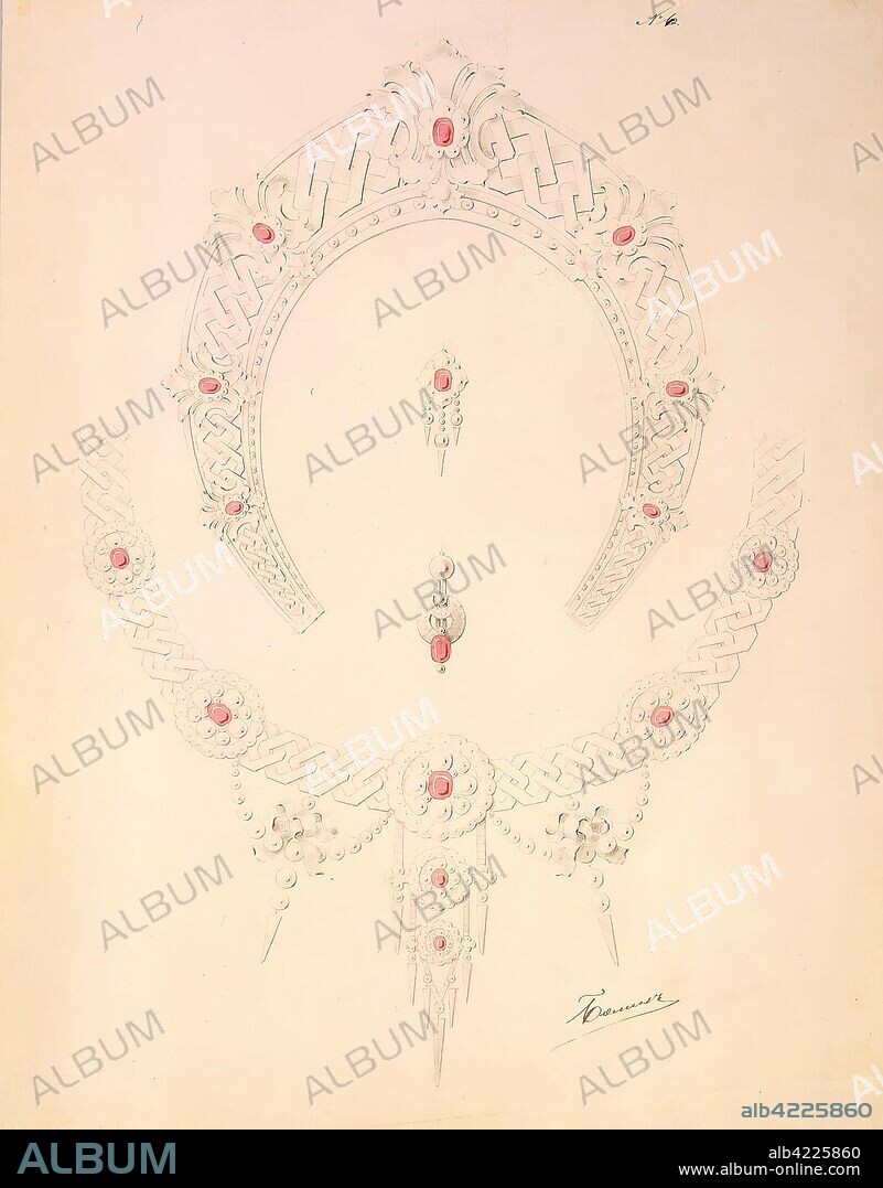 CARL EDUARD BOLIN. 'Drawing of a Diadem, Necklace and Two Pairs of Diamond, Ruby, Pearl and Enamel Earrings'. Sketches of the jewellery from Grand Princess Maria Alexandrovna's dowry. Russia, 1870s. Dimensions: 50,5x39 cm.