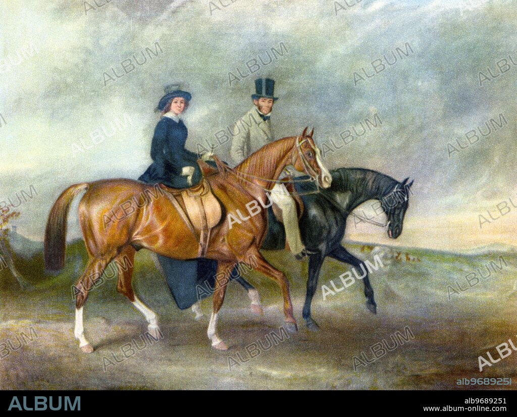 Thomas Tertius Paget, Esq., M.P., and his wife, Geraldine McCausland, on Satan and Jessica in Bradgate Park - from the original oil painting by John E. Ferneley, senr., (1782-1860) - painting dated 1852. ©TopFoto.