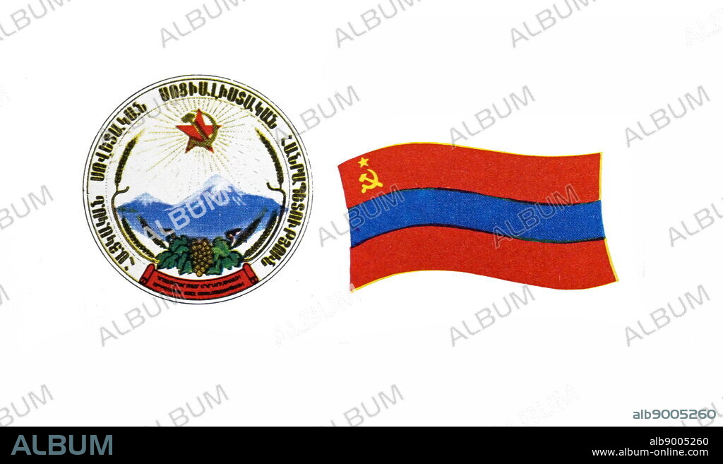 The flag of the Armenian Soviet Socialist Republic and Emblem . The Latvian Soviet Socialist Republic, established during World War II as a puppet state under the Soviet Union. Dated 20th Century.