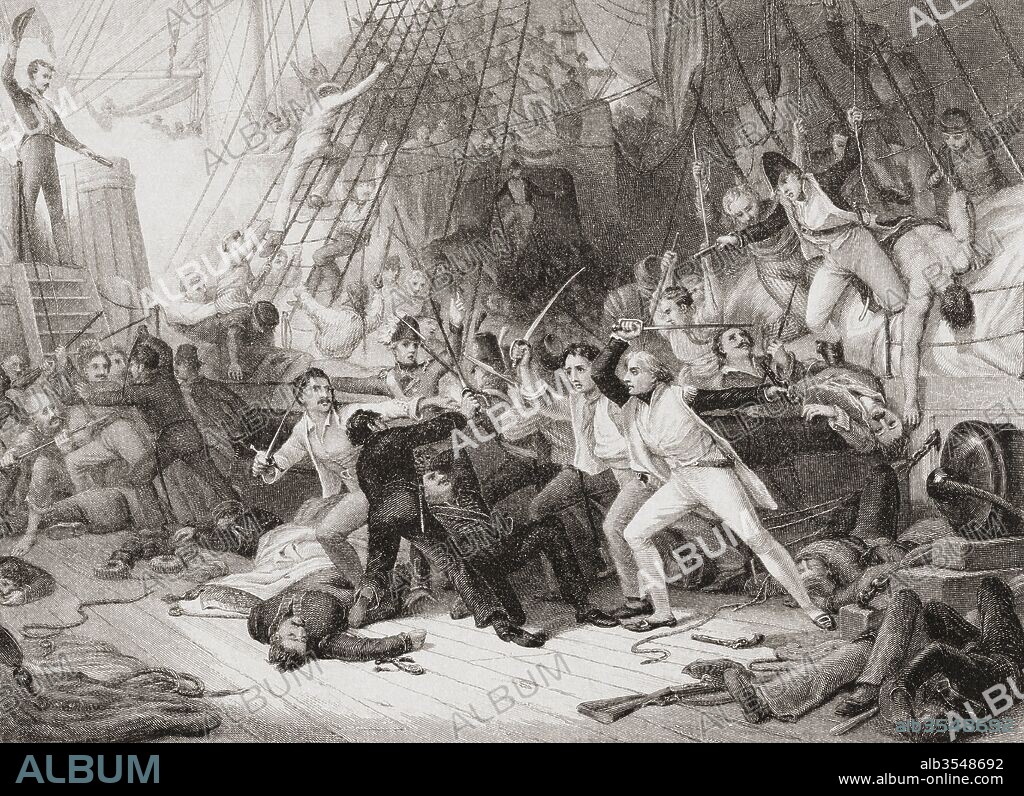 Nelson boarding the San Josef at the Battle of Cape St Vincent, Portugal February 1797. Horatio Nelson, Lord Nelson, Viscount Nelson, 1st Duke of Bronté, 1758 - 1805. British naval commander. From English and Scottish History, published 1882.