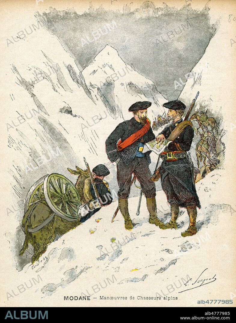 'Modane : manoeuvres de chasseurs alpins'. Illustration pour un protege-cahier vers 1900, L. SERGENT. Credit : Collection IM/KHARBINE-TAPABOR.