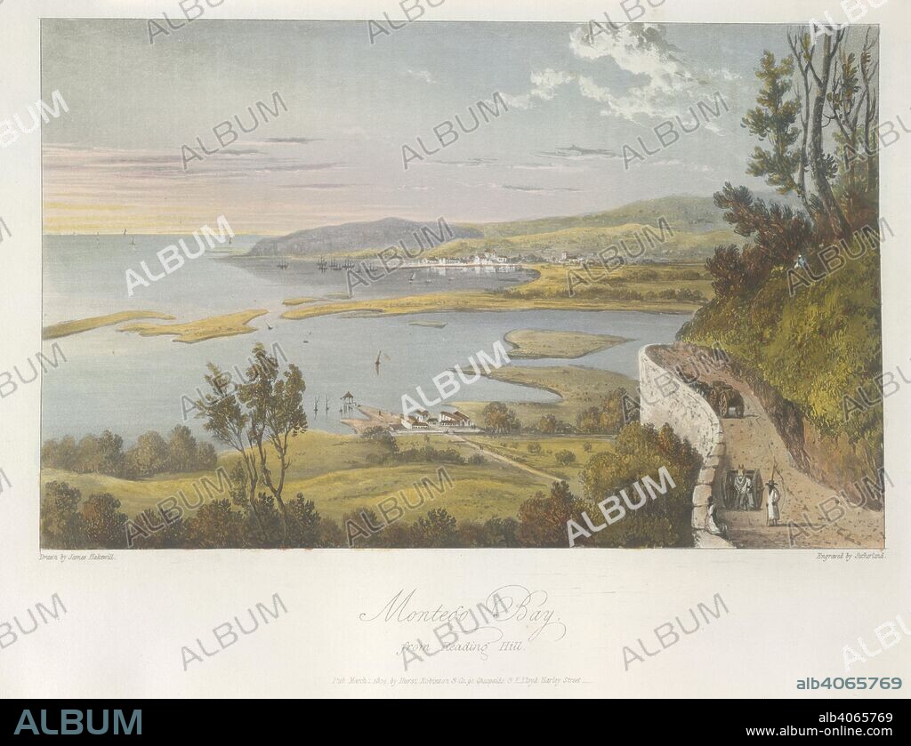 JAMES HAKEWILL y SUTHERLAND. Montego Bay. A picturesque Tour in the Island of Jamaica, from. London, 1825. View of Montego Bay from Reading Hill.  Image taken from A picturesque Tour in the Island of Jamaica, from drawings made in the years 1820 and 1821.  Originally published/produced in London, 1825. . Source: 1486.gg.11, plate 18. Language: English.