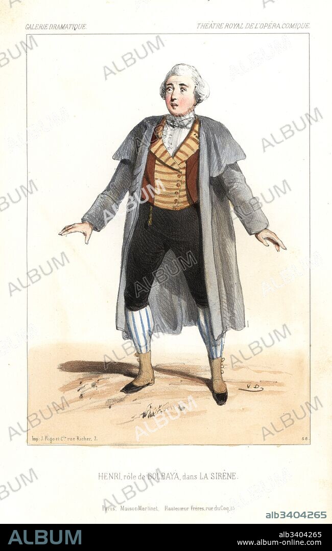 Opera singer Henri as Bolbaya in La Sirene by Daniel Auber and Eugene Scribe, Theatre Royal de l'Opera Comique, 1844. Handcoloured lithograph after an illustration by Victor Dollet from Galerie Dramatique: Costumes des Theatres de Paris, Paris, 1845.